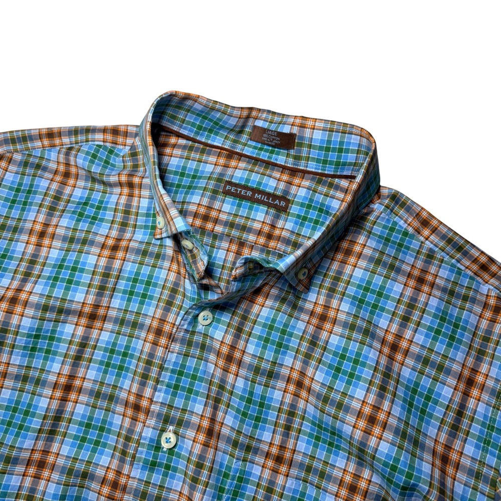 Peter Millar Mens L Plaid Button Down Shirt Long Sleeve Blue Orange Casual